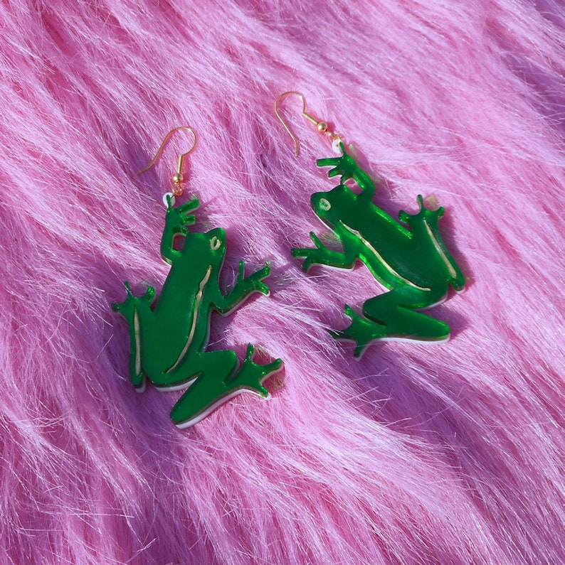 Multi-color FROG Earrings With Mirror Green and Gold Acrylic Plastic Laser Cut Earrings with Gold Hypoallergenic Earring Hooks / Ear Wire image 4