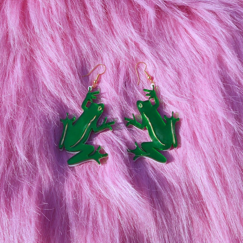 Multi-color FROG Earrings With Mirror Green and Gold Acrylic Plastic Laser Cut Earrings with Gold Hypoallergenic Earring Hooks / Ear Wire image 5