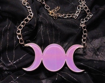 Iridescent TRIPLE MOON Symbol Acrylic Necklace with Silver Chain