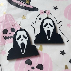 Black and White Horror Scream Mask Earrings with Silver Hypoallergenic Earring Hooks, Acrylic laser cut jewelry