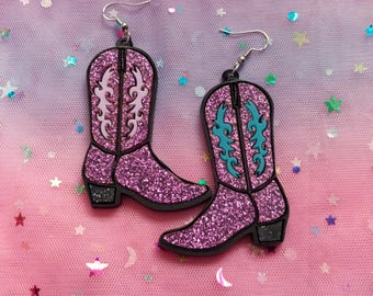 Glittery Cowgirl Boot Earrings : Pick Lilac or Teal Details