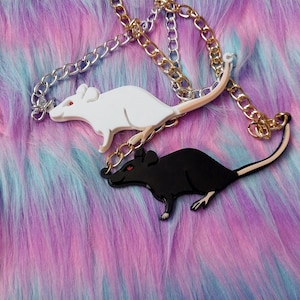 Black or White Rat Acrylic Necklace with Red Rhinestone Eye, Gold or Silver Chain with 3&quot; Extender, Plastic Jewelry