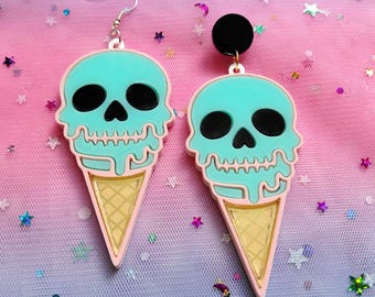 Pastel Goth Skull Ice Cream Earrings | Kawaii Gothic Statement Earrings