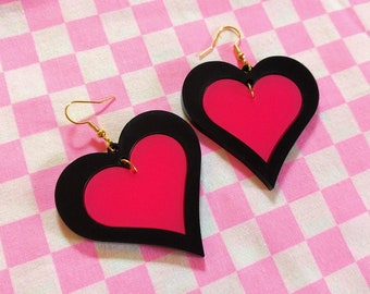 Baby Goth Heart Earrings Acrylic Hypoallergenic Earrings with Glitter Gold Tone Earring Hooks, Posts, or Clip-ons