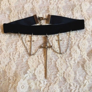 gothic Black Velvet Sword and Chain Adjustable Goth Choker Necklace