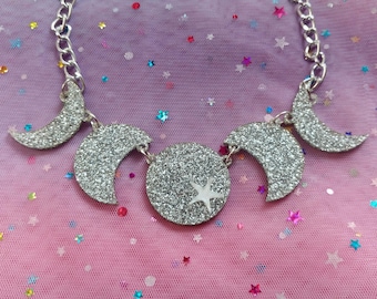 Glittery Silver Moon Phase Connector Necklace with Silver Chain + Extender
