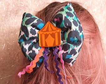 Circus Print Hair Bow with French Style Barrette, Tassels, and Orange Circus Tent Charm