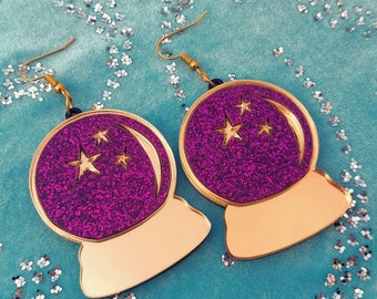 Glittery Fuchsia & Gold CRYSTAL BALL Acrylic Earrings - Available with Gold Hypoallergenic Earring Hooks /Wrap Around Ear Wire/ Clip-Ons