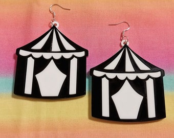 Black and White Creepy Goth CIRCUS TENT Earrings with Silver Earring Hooks // Acrylic, Plastic Jewelry