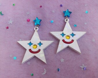 Laser Cut Acrylic Star Clown Face Earrings: Hypoallergenic Costume Jewelry