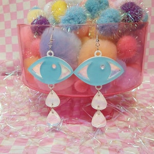 Pastel Blue and Iridescent Crying Eyes Acrylic Statement Earrings with Hypoallergenic Studs, Acrylic Earrings, Plastic Laser Cut Jewelry