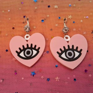 Heart and Eye Unique Statement Acrylic Earrings -- Pink and Black Laser Cut / Plastic Earrings with Earring Hooks // Ear Wire