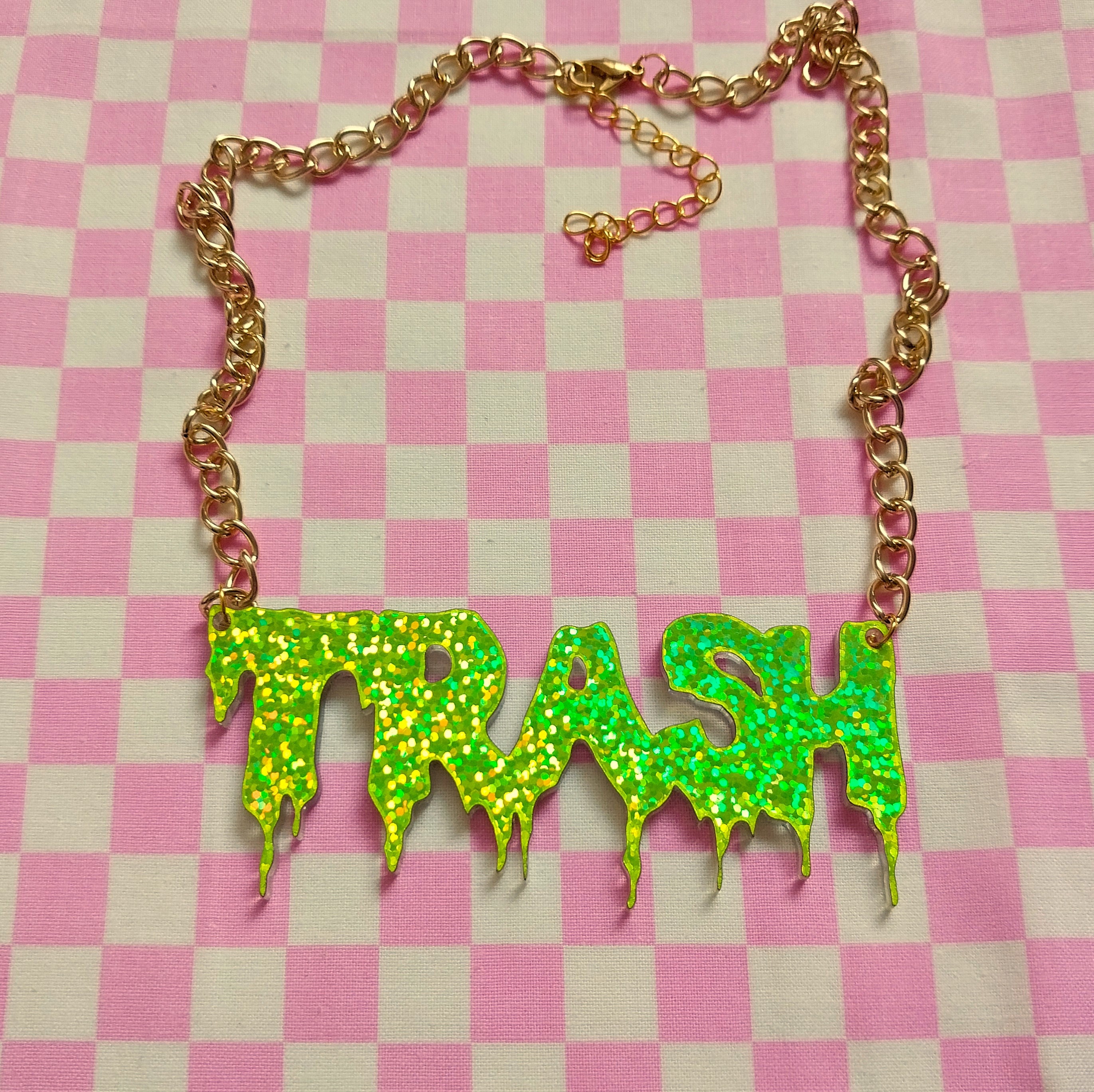 Glittery Lime Green TRASH Necklace: Drippy Acrylic Word 