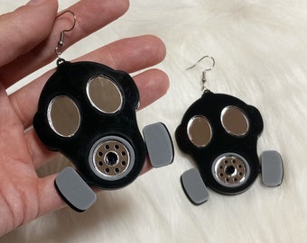 Black, Gray, and Silver Gas Mask Apocalypse Earrings with Silver Hypoallergenic Earring Hooks, Acrylic laser cut jewelry