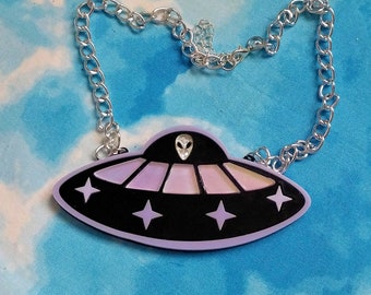 Y2K ALIEN SPACESHIP Unique Statement Necklace with iridescent, black, and pastel laser cut acrylic