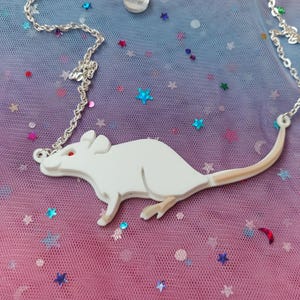 White Rat Acrylic Necklace with Red Rhinestone Eye, Silver Chain with 3" Extender, Plastic Jewelry