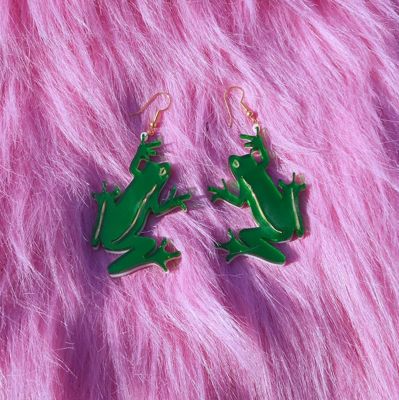 Multi-color FROG Earrings With Mirror Green and Gold Acrylic Plastic Laser Cut Earrings with Gold Hypoallergenic Earring Hooks / Ear Wire image 2