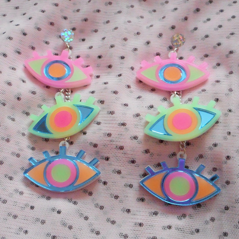 Colorful Neon Third Eye / Evil Eye Dangle Earrings with hypoallergenic Studs, Acrylic Earrings, Plastic Laser Cut Jewelry image 2