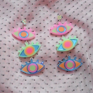 Colorful Neon Third Eye / Evil Eye Dangle Earrings with hypoallergenic Studs, Acrylic Earrings, Plastic Laser Cut Jewelry image 9