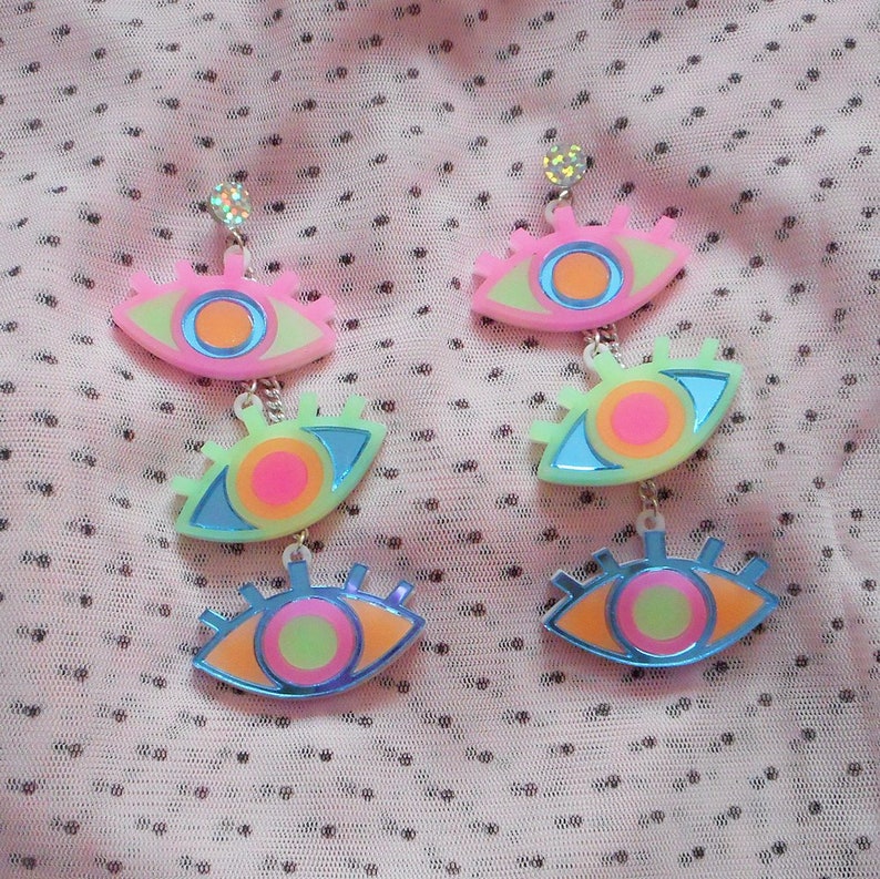 Colorful Neon Third Eye / Evil Eye Dangle Earrings with hypoallergenic Studs, Acrylic Earrings, Plastic Laser Cut Jewelry image 9