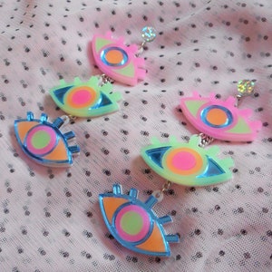 Colorful Neon Third Eye / Evil Eye Dangle Earrings with hypoallergenic Studs, Acrylic Earrings, Plastic Laser Cut Jewelry image 8