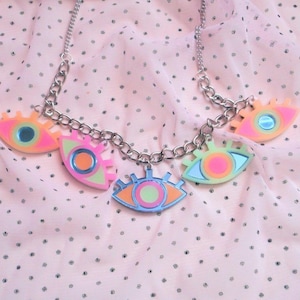 Neon Acrylic Evil Eye Charm Necklace: Silver Chain, Colorful Plastic Jewelry