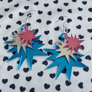 Dangly Triple Galaxy Pastel STARBURST Acrylic Earrings in Mirror Pink, Blue, and Silver acrylic with Silver Dome Earring Posts