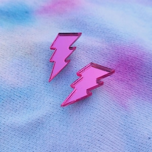 Mirror Pink Lightning Bolt Stud Acrylic Earrings with Hypoallergenic Earring Posts