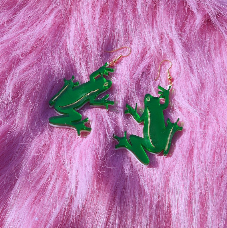 Multi-color FROG Earrings With Mirror Green and Gold Acrylic Plastic Laser Cut Earrings with Gold Hypoallergenic Earring Hooks / Ear Wire image 6