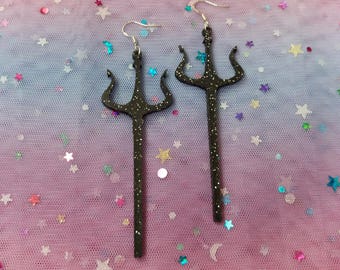 Glittery Black Devil Trident, Pitchfork Acrylic Halloween Statement Earrings