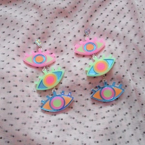 Colorful Neon Third Eye / Evil Eye Dangle Earrings with hypoallergenic Studs, Acrylic Earrings, Plastic Laser Cut Jewelry image 3