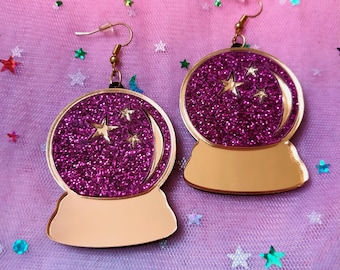 Glittery Fuchsia & Gold Crystal Ball Acrylic Earrings: Hypoallergenic Hooks