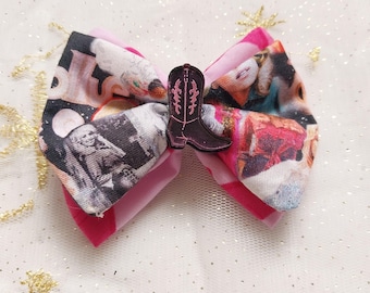 Dolly Parton Fabric Hair Bow with Cowboy Boot Charm – Pink Country Glamour Accessory