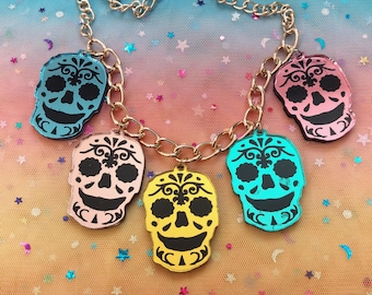 Colorful SUGAR SKULL Acrylic Charm Necklace, Silver Chain with 3" Extender, Day of the Dead