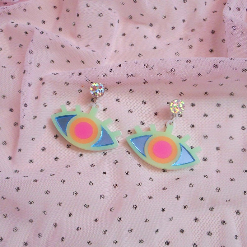 Colorful Neon Evil Eye Stud Earrings, Acrylic Earrings, Plastic Laser Cut Jewelry, Hypoallergenic image 7