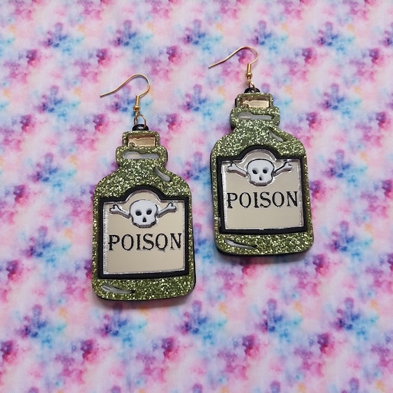 Laser Cut Glitter Poison Bottle Earrings, Iridescent Acrylic, Hypoallergenic