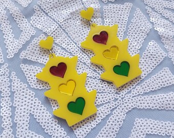 Traffic Light Heart Acrylic Earrings: Rhinestone Hooks, Laser Cut Jewelry