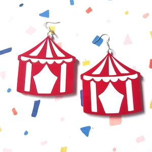 Red and White CIRCUS TENT Earrings with Silver & Rhinestone Wrap Around Hooks // Lever back // Ear Wire , Acrylic, Plastic Jewelry