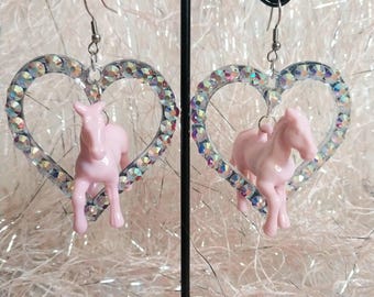 Rhinestone Pink Unicorn Pony Heart Charm Acrylic Statement Earrings