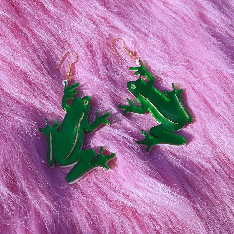 Multi-color FROG Earrings With Mirror Green and Gold Acrylic Plastic Laser Cut Earrings with Gold Hypoallergenic Earring Hooks / Ear Wire image 3