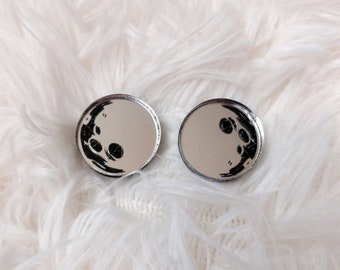 Mirror Silver and Black Full Moon, Moon Phase Stud Earrings with Hypoallergenic Earring Posts