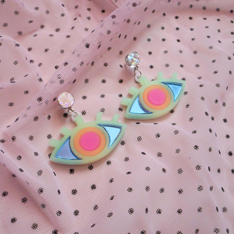 Colorful Neon Evil Eye Stud Earrings, Acrylic Earrings, Plastic Laser Cut Jewelry, Hypoallergenic image 10