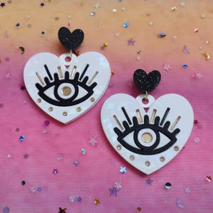 Heart and Eye Unique Statement Acrylic Earrings -- Pink and Black Laser Cut / Plastic Earrings with Earring Hooks // Ear Wire