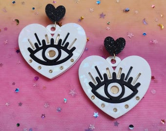 Glittery White Evil Eye Heart Earrings: Laser Cut Acrylic Studs