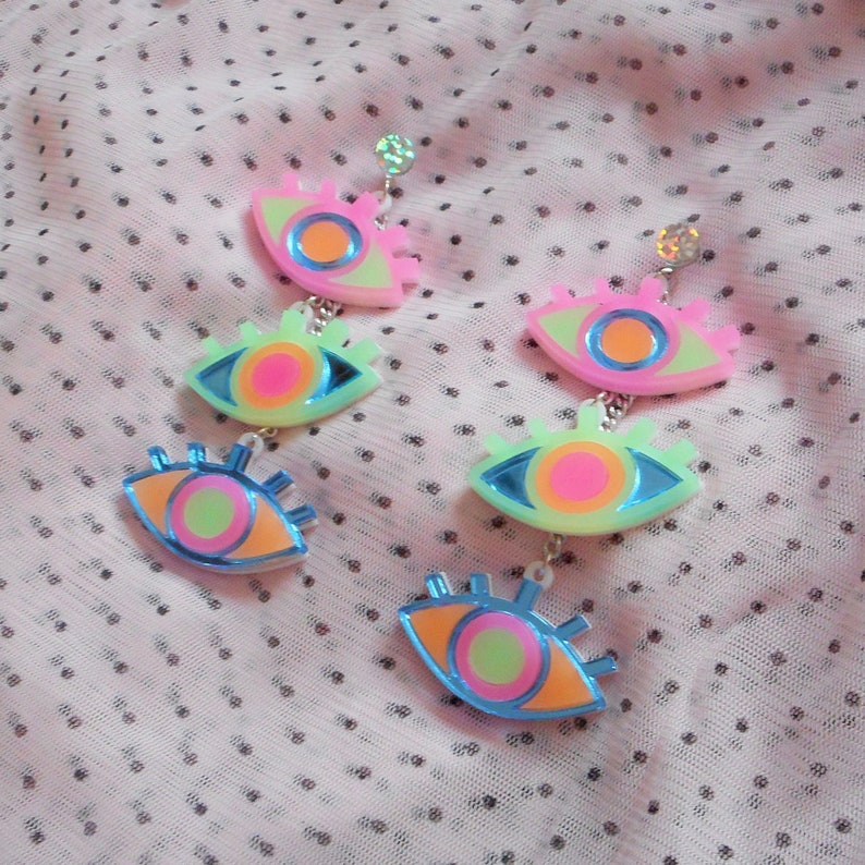 Colorful Neon Third Eye / Evil Eye Dangle Earrings with hypoallergenic Studs, Acrylic Earrings, Plastic Laser Cut Jewelry image 10