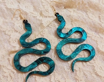 Marble Glitter Green Snake Acrylic Earrings with Gold Ear Hooks or hooks, Hypoallergenic, Plastic Jewelry