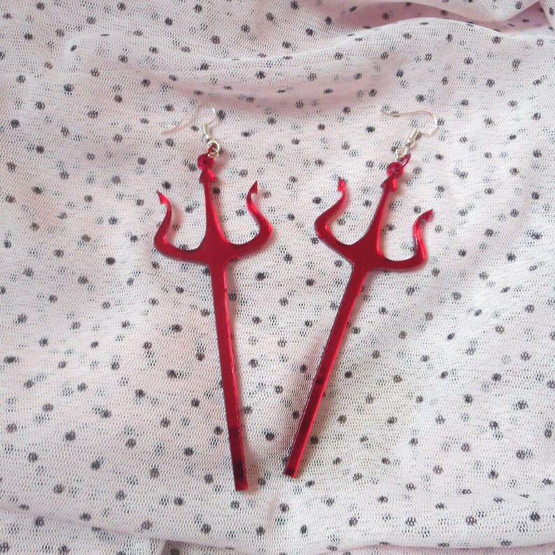 Mirror Red Satan / Trident / Pitchfork Acrylic Earrings with Etsy