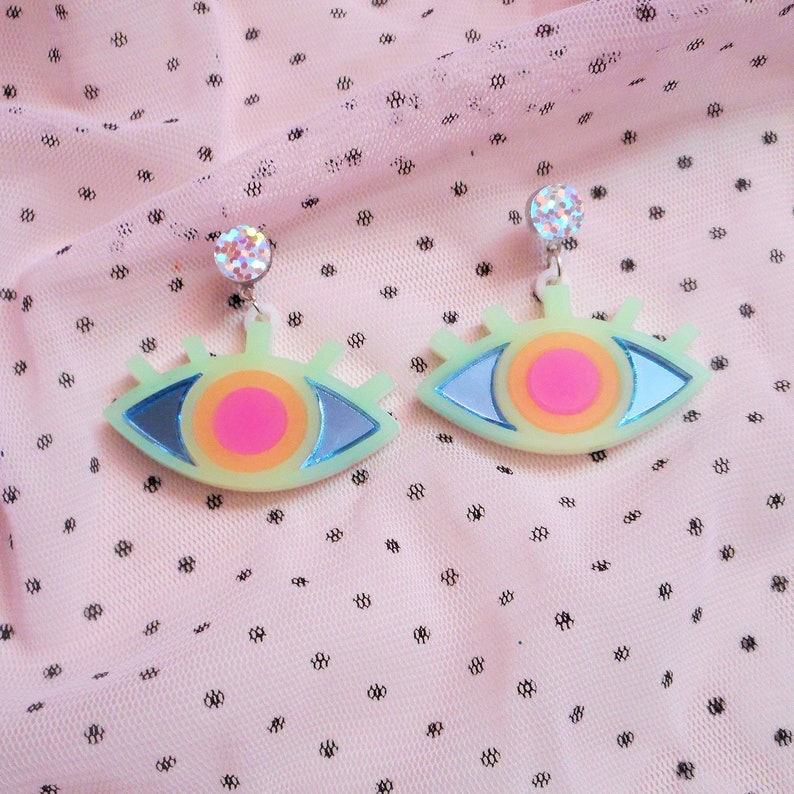 Colorful Neon Evil Eye Stud Earrings, Acrylic Earrings, Plastic Laser Cut Jewelry, Hypoallergenic image 3