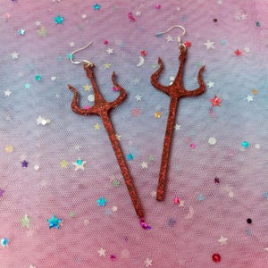 Glittery Red Devil Trident, Pitchfork Acrylic Halloween Statement Earrings