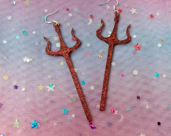 Glittery Red Devil Trident, Pitchfork Acrylic Halloween Statement Earrings